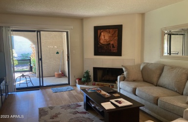 Large living area with eating area, fireplace and exit to patio.