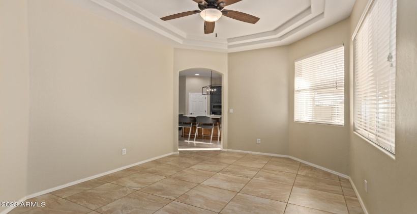 Dining room off kitchen called game room in floorplan used as an office