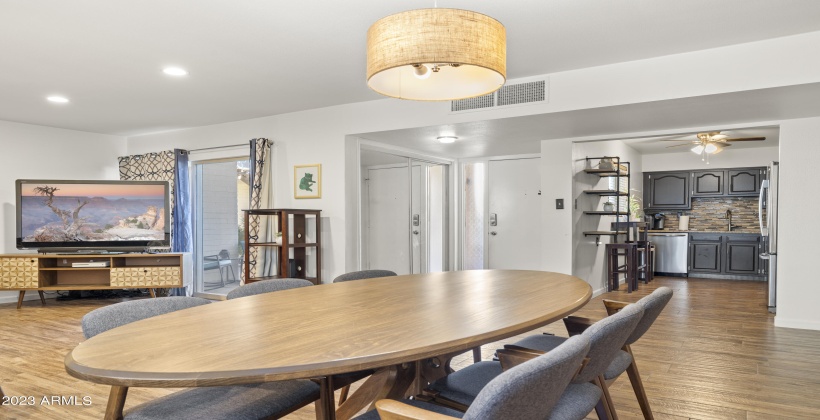 The kitchen opens to the dining area for easy entertaining and conversation