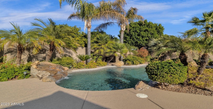 Tropical Backyard with pool, spa, water fall