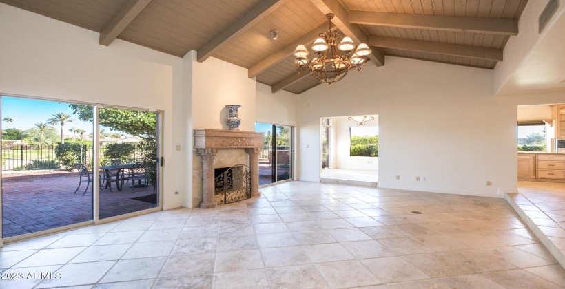 TUMBLED TRAVERTINE STONE FLOORS, CANTERA STONE FIREPLACE MANTEL