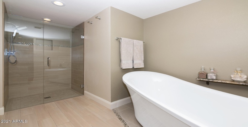 Spa like master bathroom boasts soaking tub and walk in shower