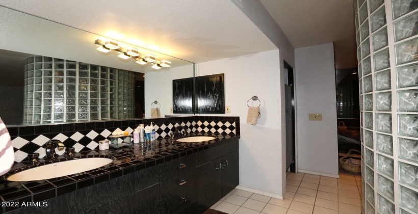 Dual Sinks. Huge Walk In Shower with glass block surround.