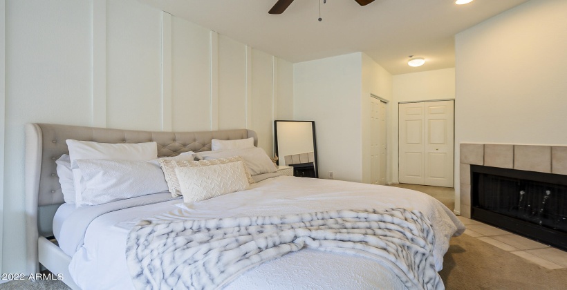 primary bedroom with fireplace and walk-in closet