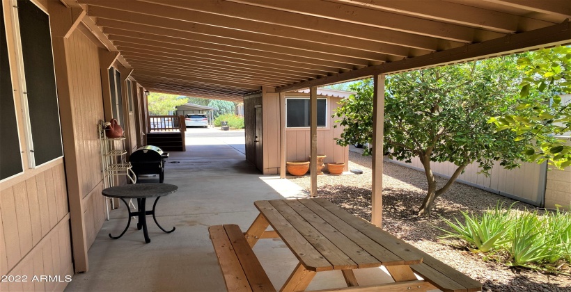 Covered side patio with storage shed